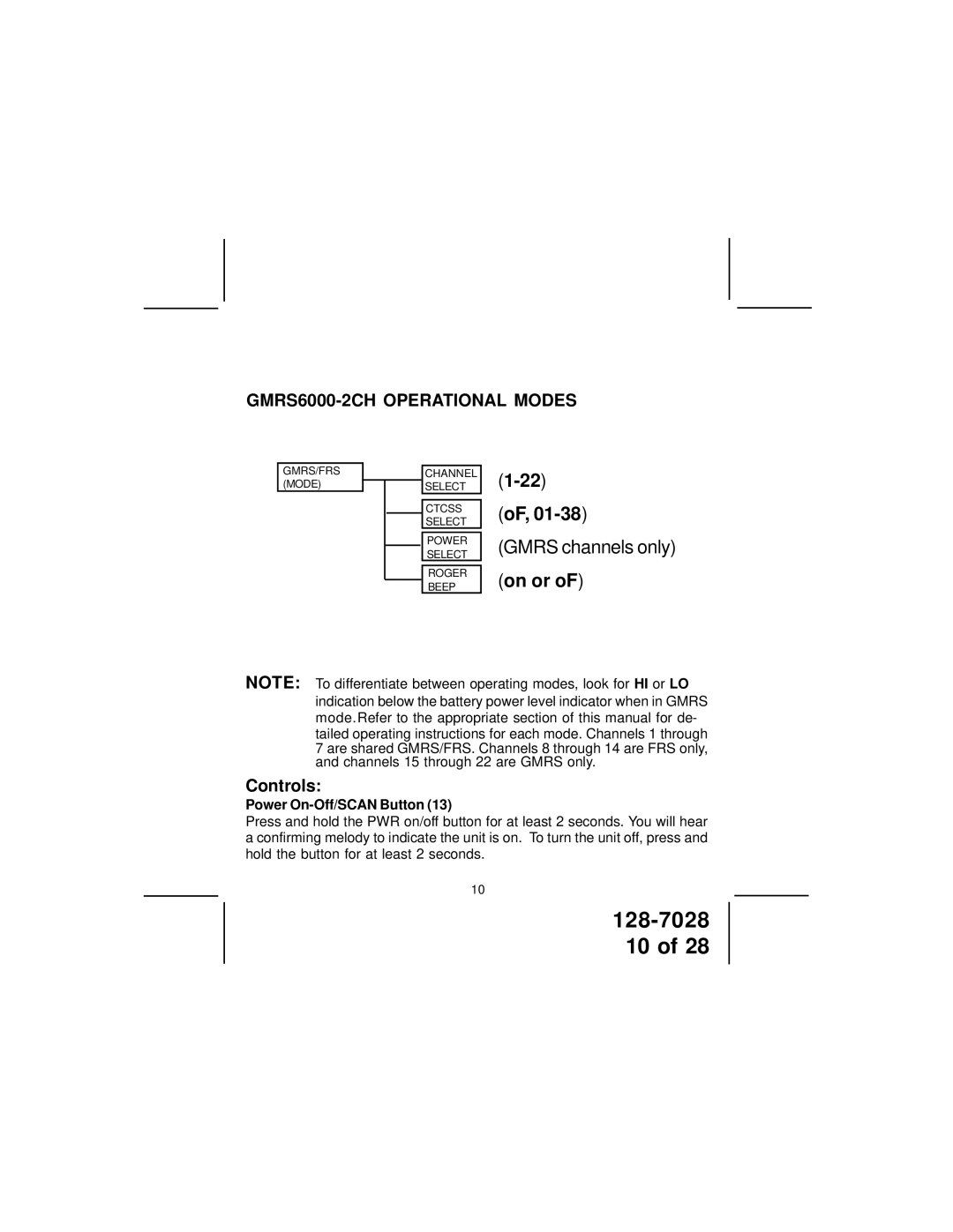 Audiovox GMRS6000-2CH owner manual On or, Power On-Off/SCAN Button 