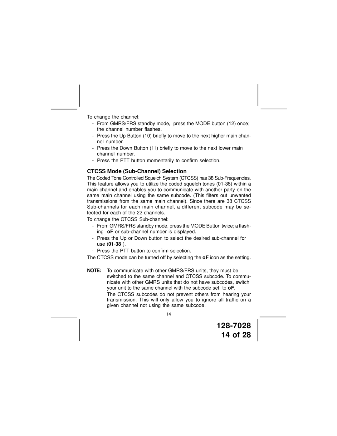 Audiovox GMRS6000-2CH owner manual Ctcss Mode Sub-Channel Selection 