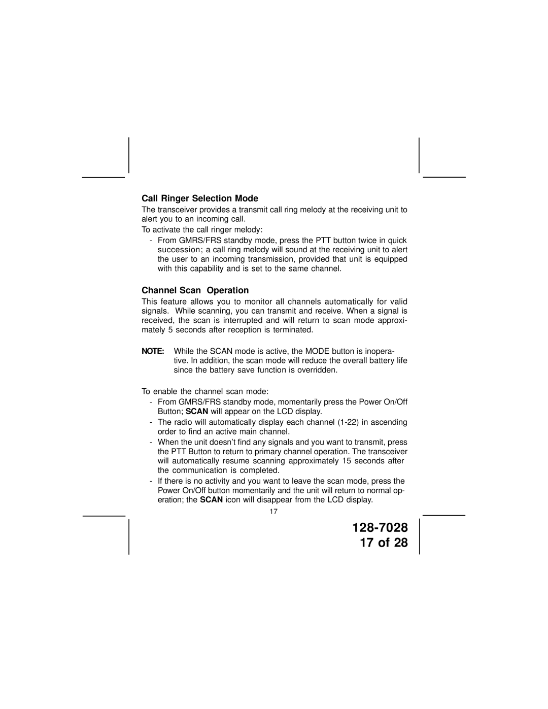 Audiovox GMRS6000-2CH owner manual Call Ringer Selection Mode, Channel Scan Operation 