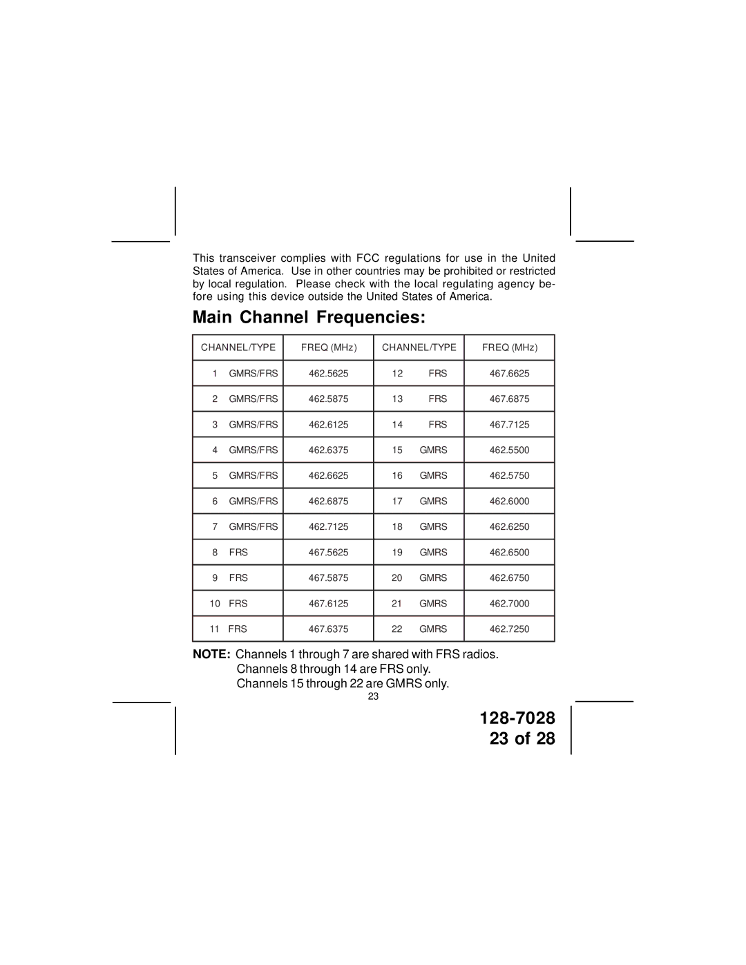 Audiovox GMRS6000-2CH owner manual Main Channel Frequencies 