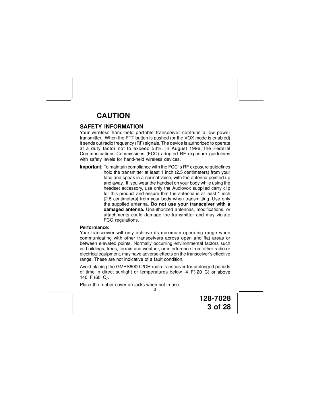 Audiovox GMRS6000-2CH owner manual Safety Information, Performance 