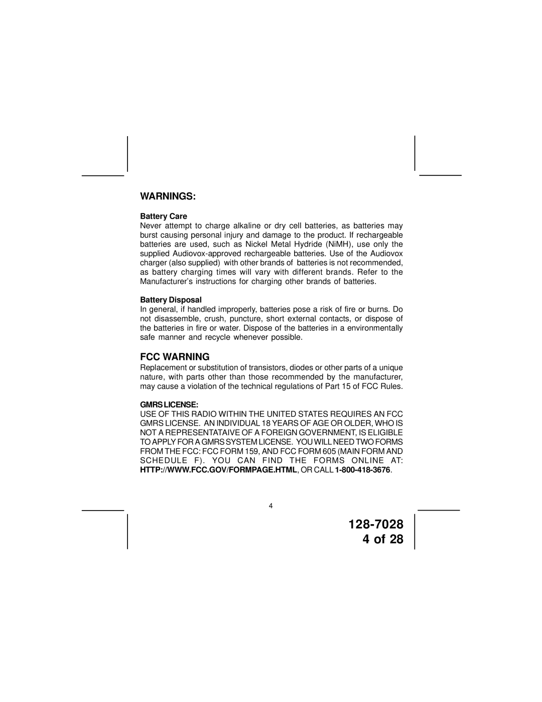 Audiovox GMRS6000-2CH owner manual Battery Care, Battery Disposal 