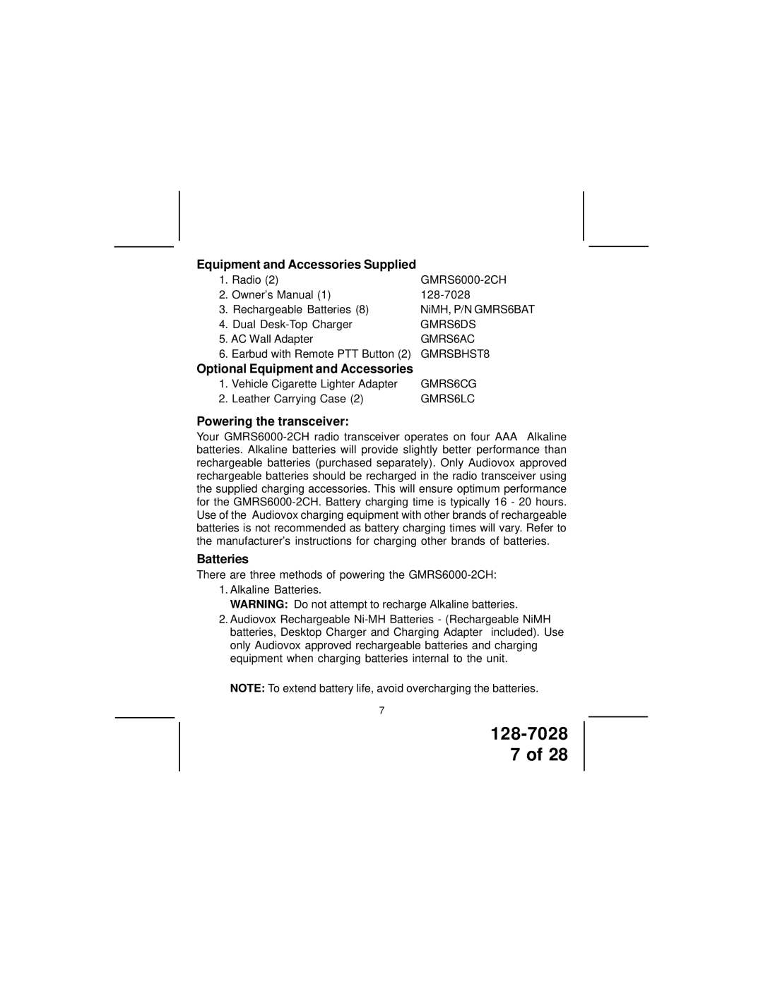 Audiovox GMRS6000-2CH Equipment and Accessories Supplied, Optional Equipment and Accessories, Powering the transceiver 