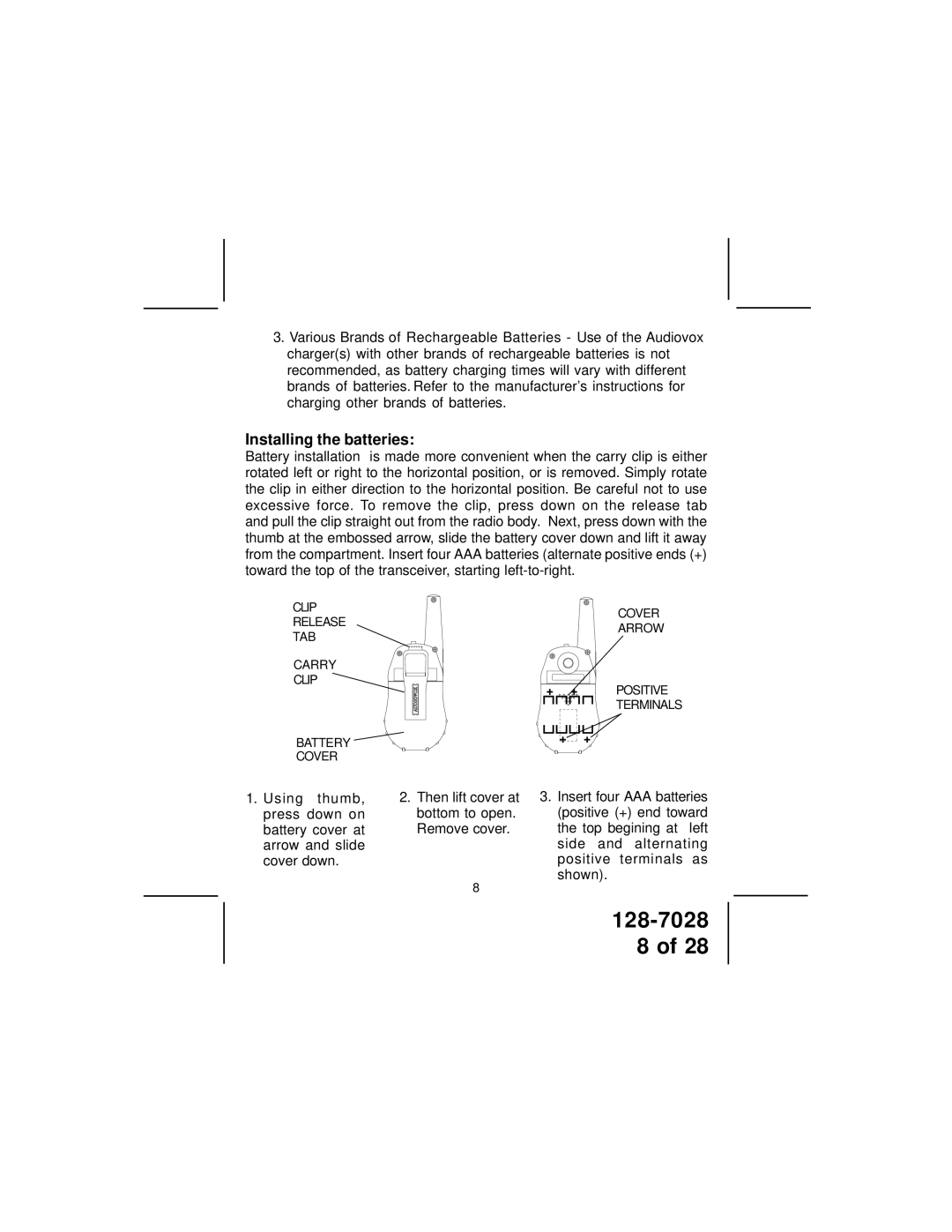 Audiovox GMRS6000-2CH owner manual Installing the batteries 