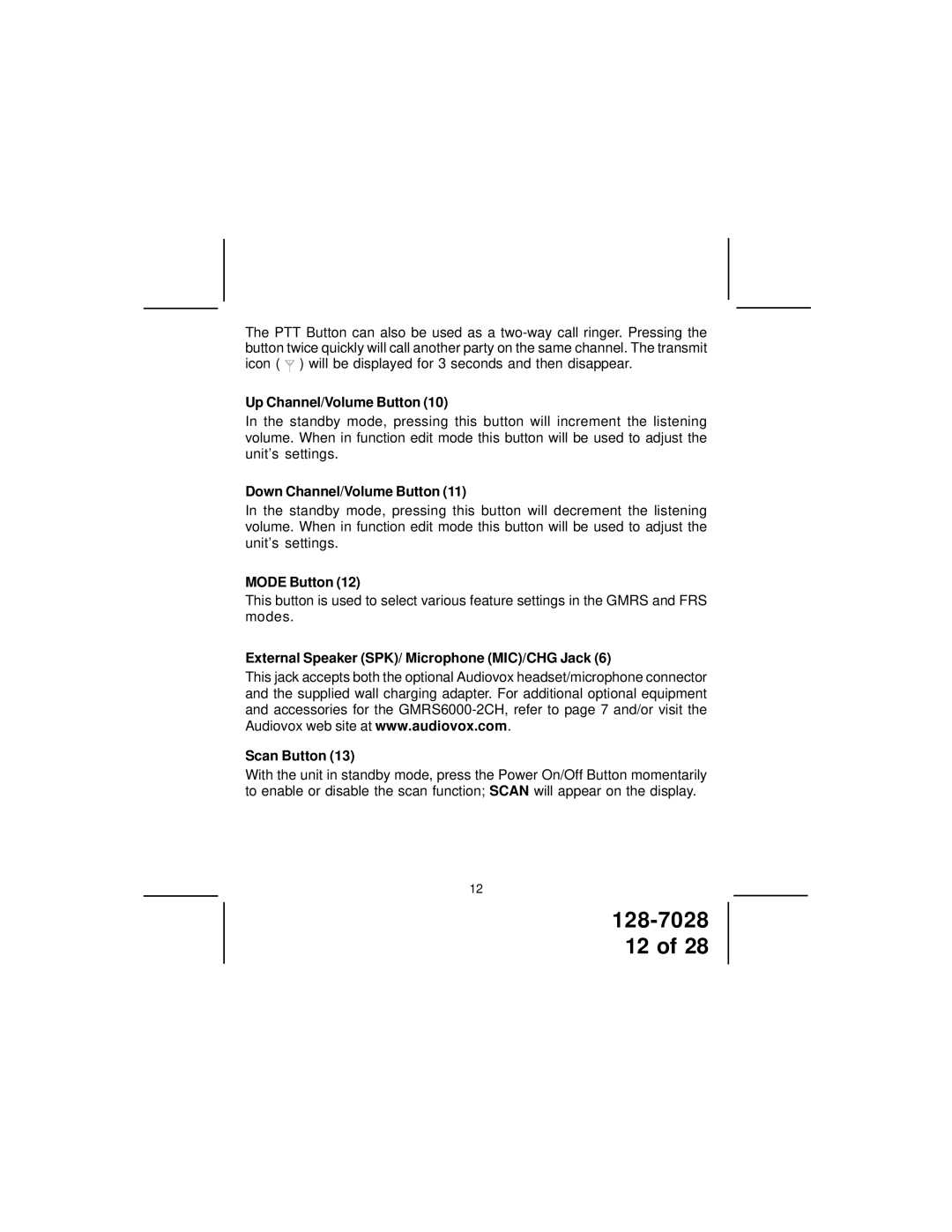 Audiovox GMRS6000-2CH owner manual Up Channel/Volume Button, Down Channel/Volume Button, Mode Button 