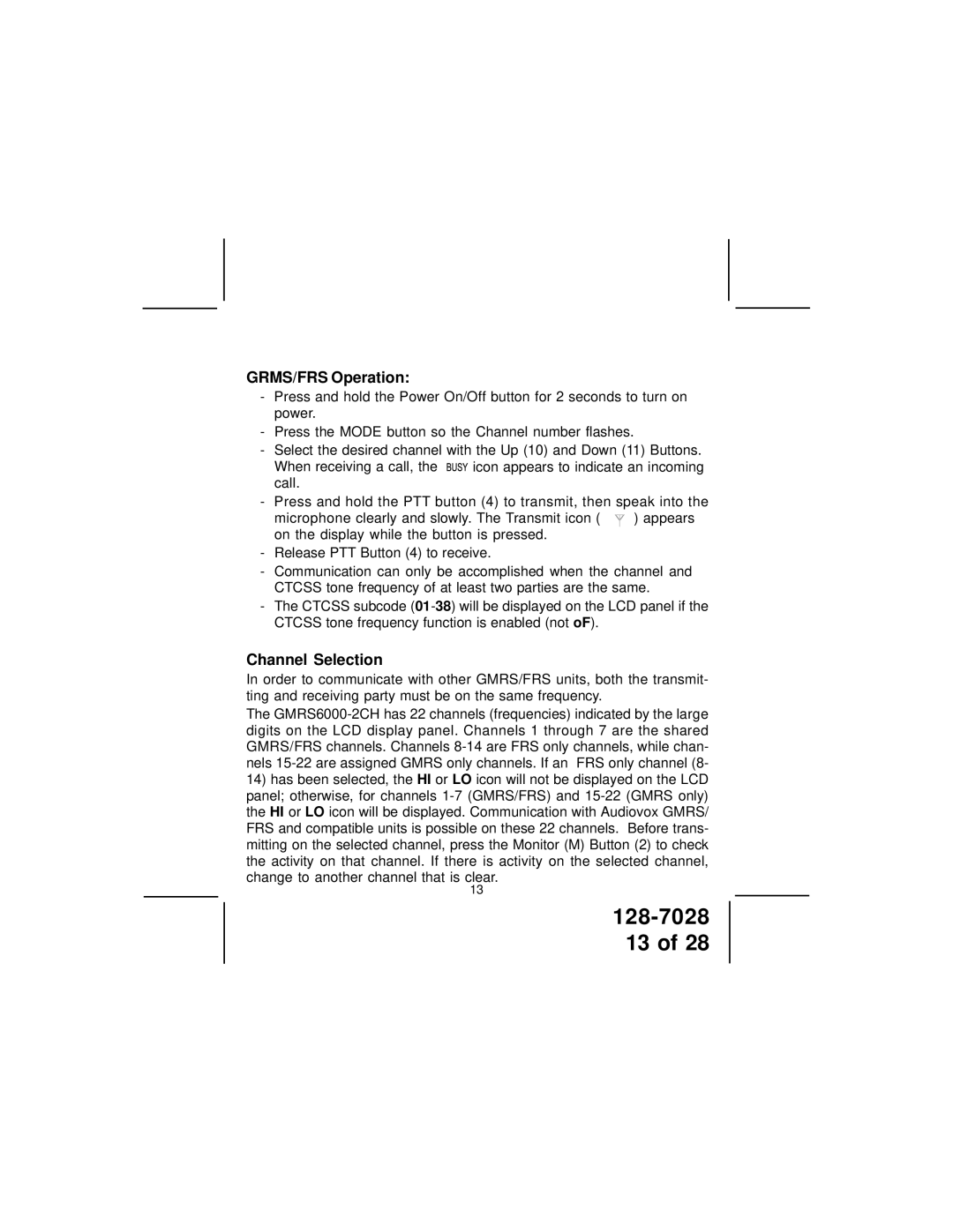 Audiovox GMRS6000-2CH owner manual GRMS/FRS Operation, Channel Selection 