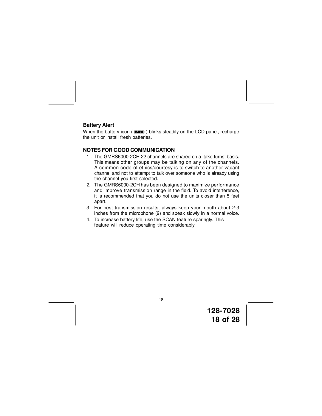 Audiovox GMRS6000-2CH owner manual Battery Alert 