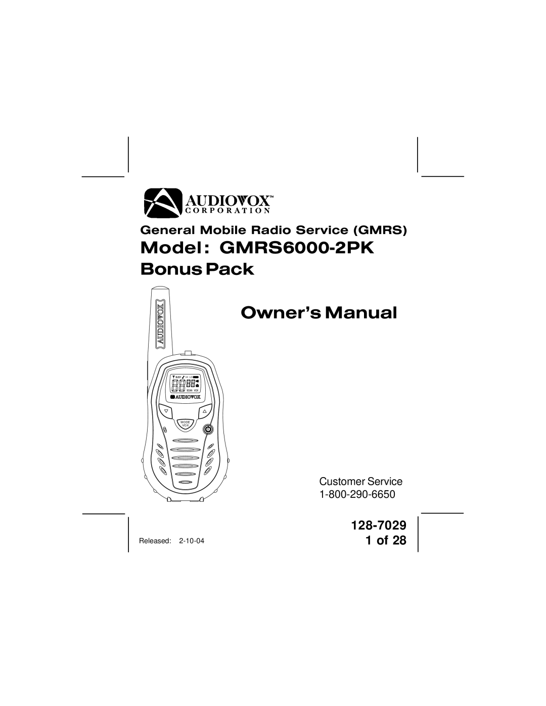 Audiovox owner manual Model GMRS6000-2PK Bonus Pack 