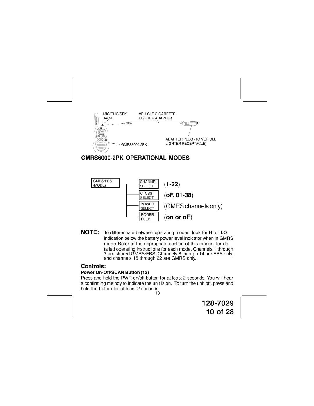 Audiovox GMRS6000-2PK owner manual On or, Power On-Off/SCAN Button 