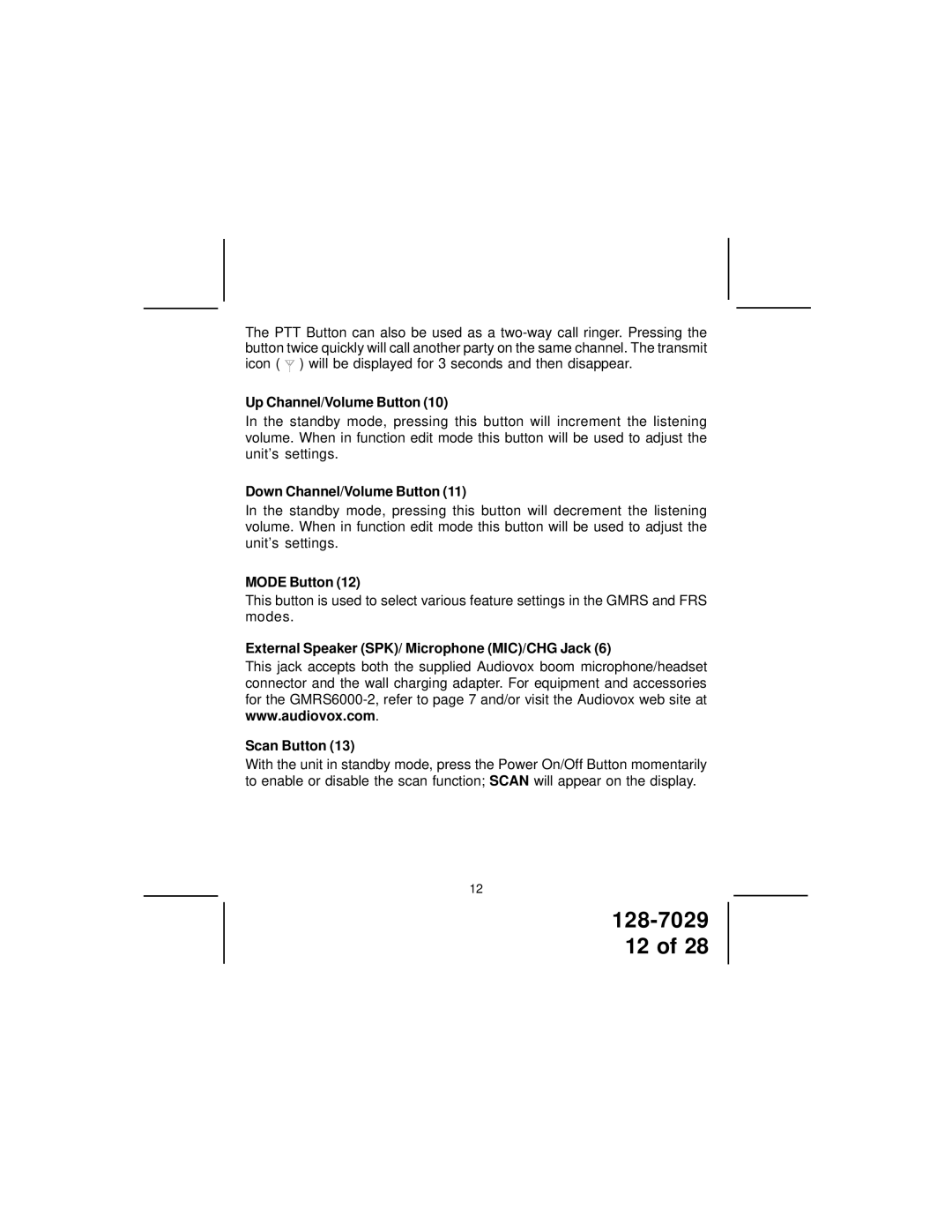 Audiovox GMRS6000-2PK owner manual Up Channel/Volume Button, Down Channel/Volume Button, Mode Button 