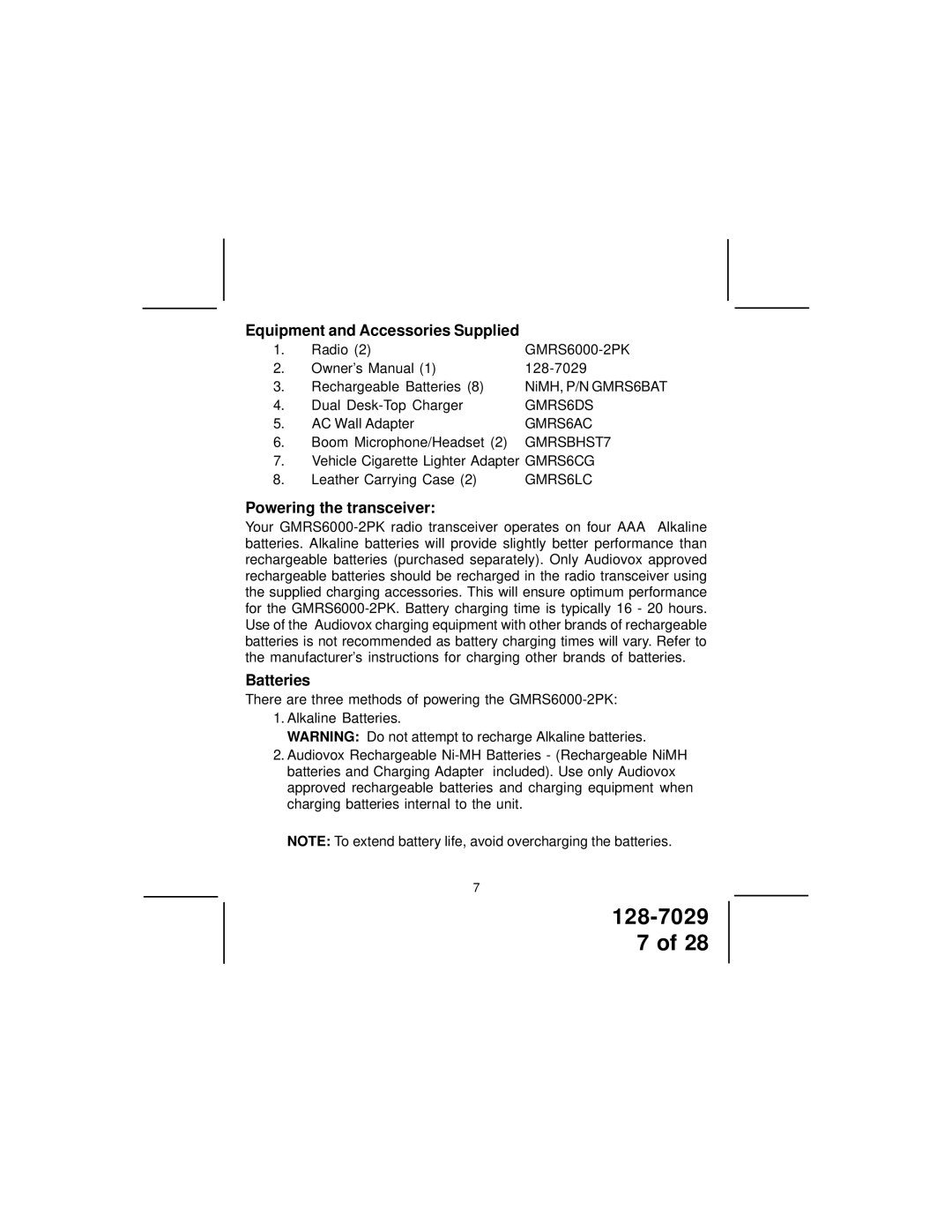 Audiovox GMRS6000-2PK owner manual Equipment and Accessories Supplied, Powering the transceiver, Batteries 