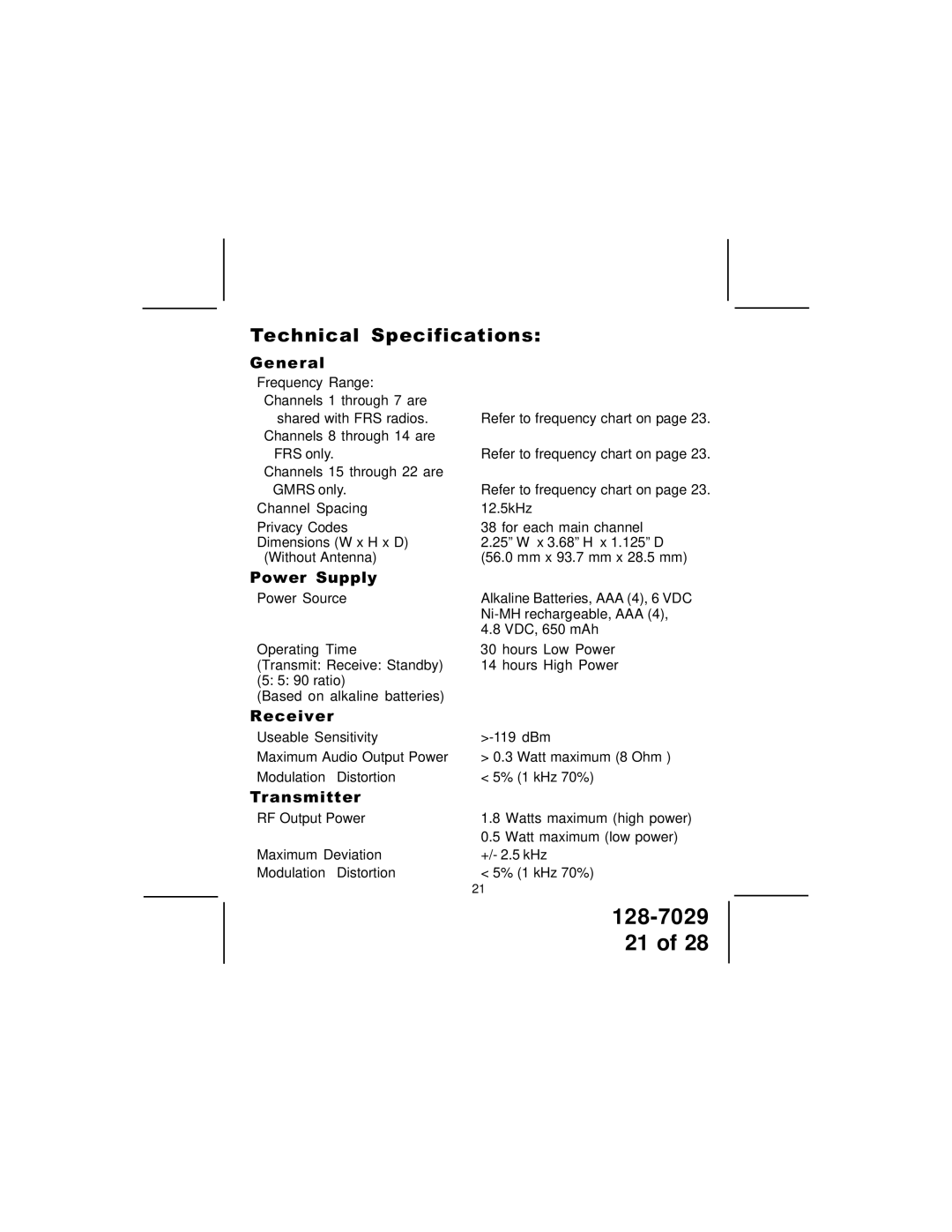 Audiovox GMRS6000-2PK owner manual Technical Specifications 