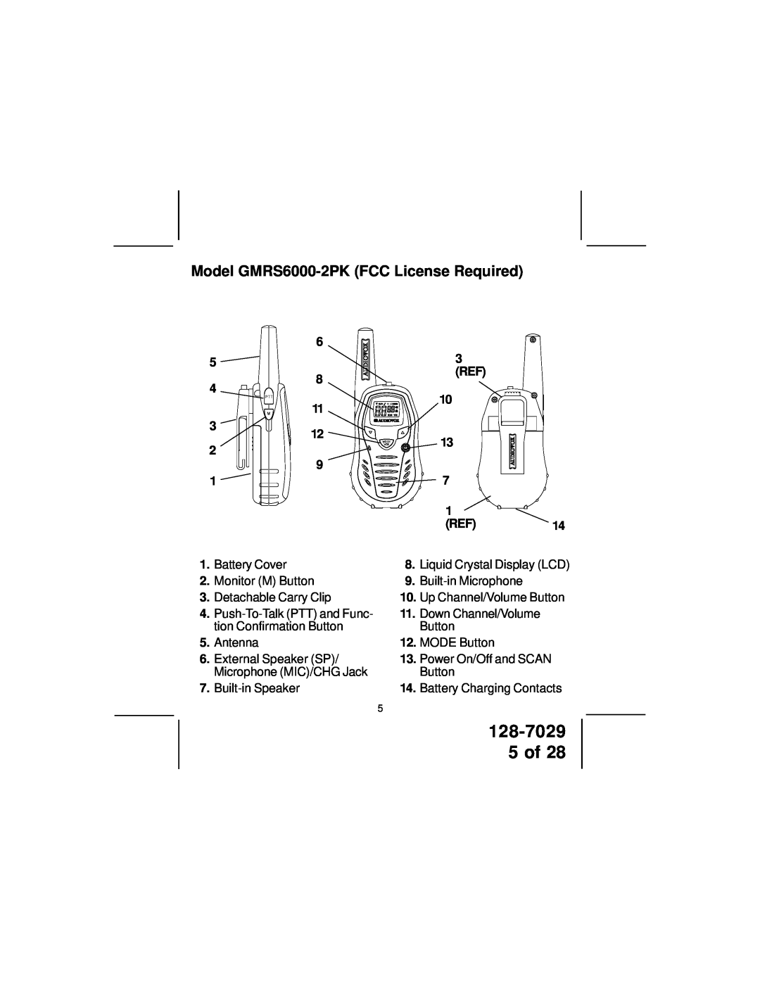 Audiovox owner manual 128-7029 5 of, Model GMRS6000-2PK FCC License Required, REF14 