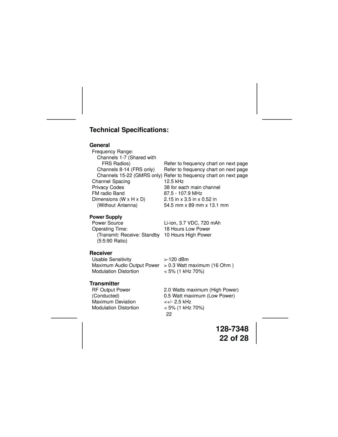 Audiovox GMRS600SCH owner manual Technical Specifications, Power Supply 