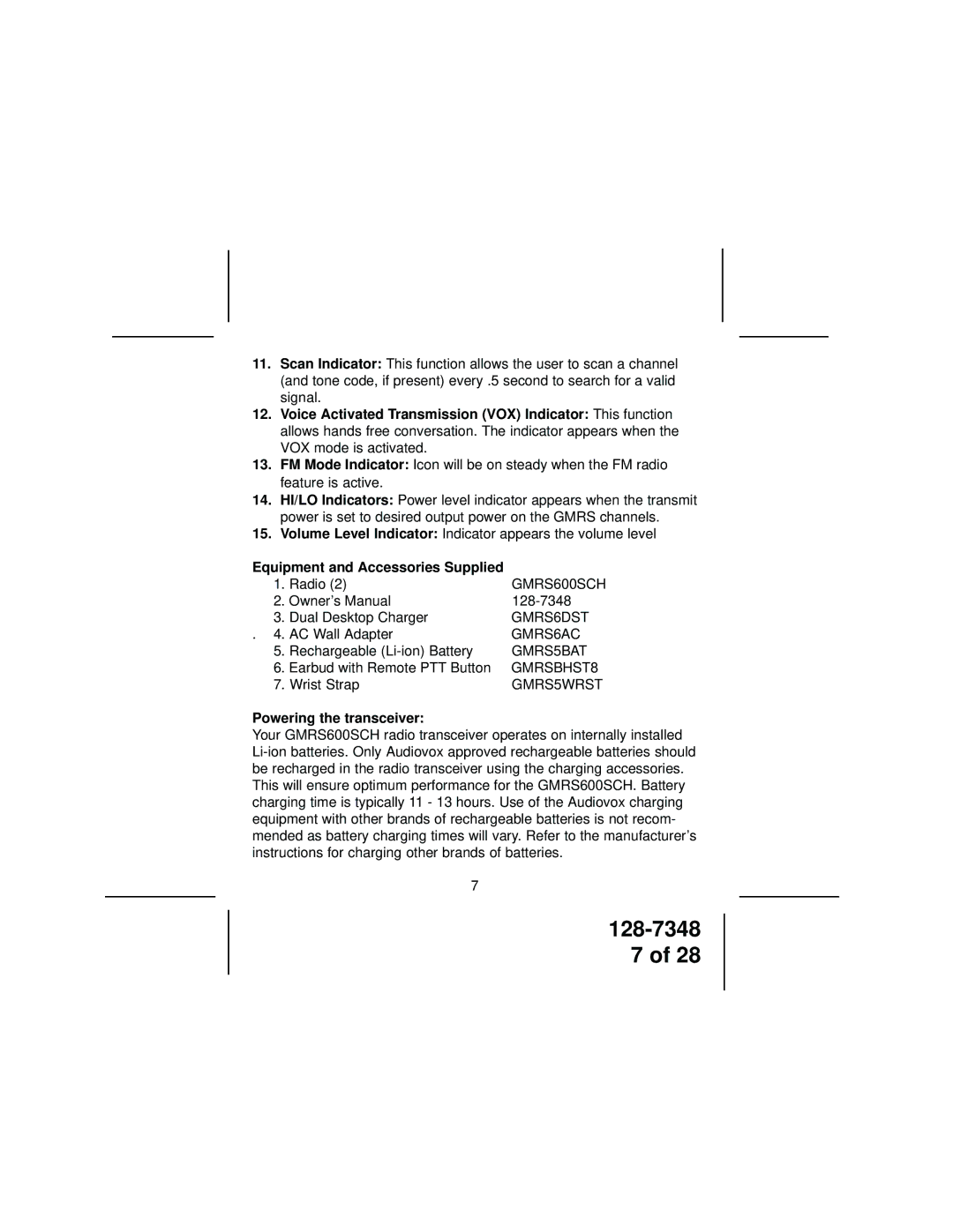 Audiovox GMRS600SCH owner manual Equipment and Accessories Supplied, Powering the transceiver 