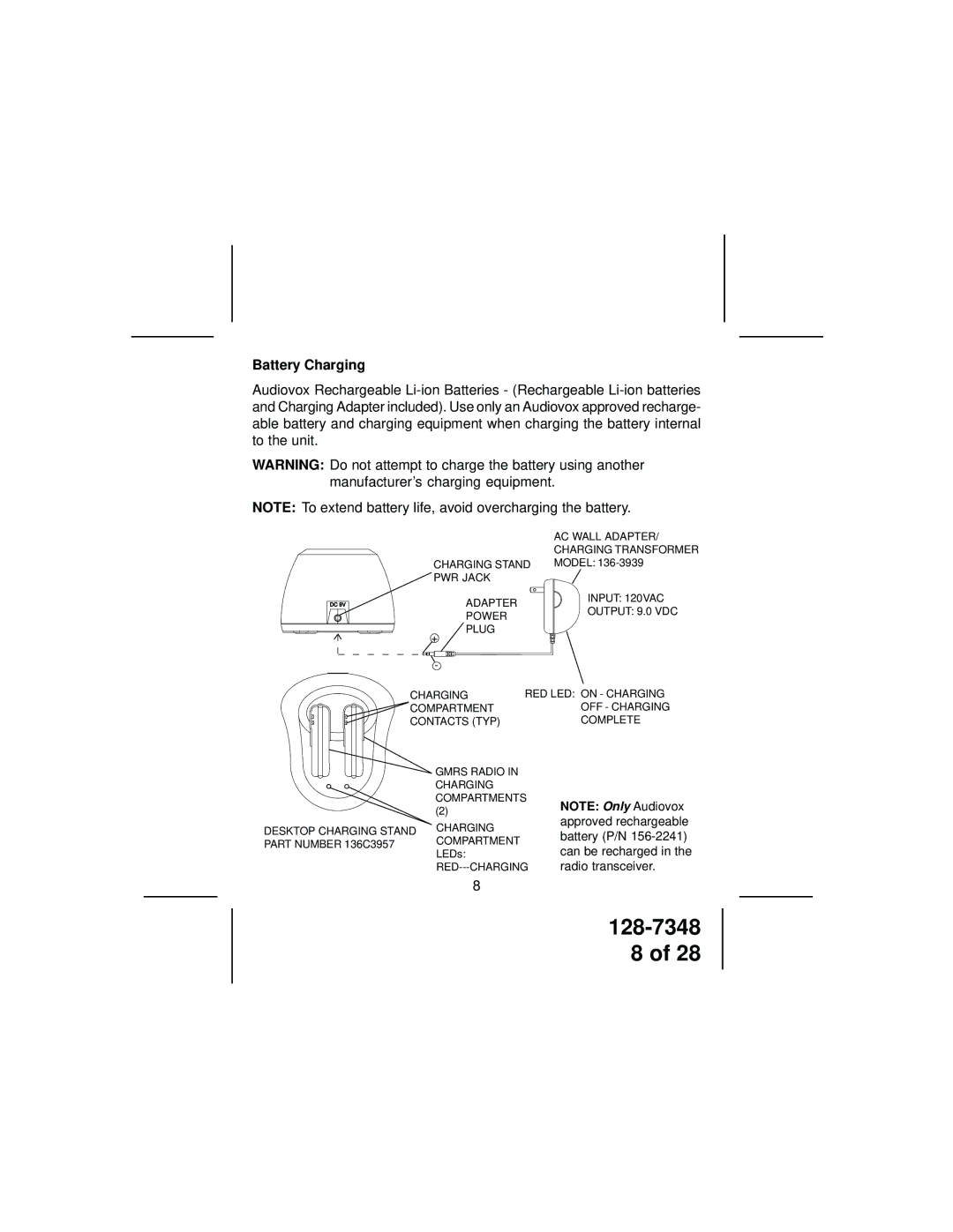 Audiovox GMRS600SCH owner manual Battery Charging 