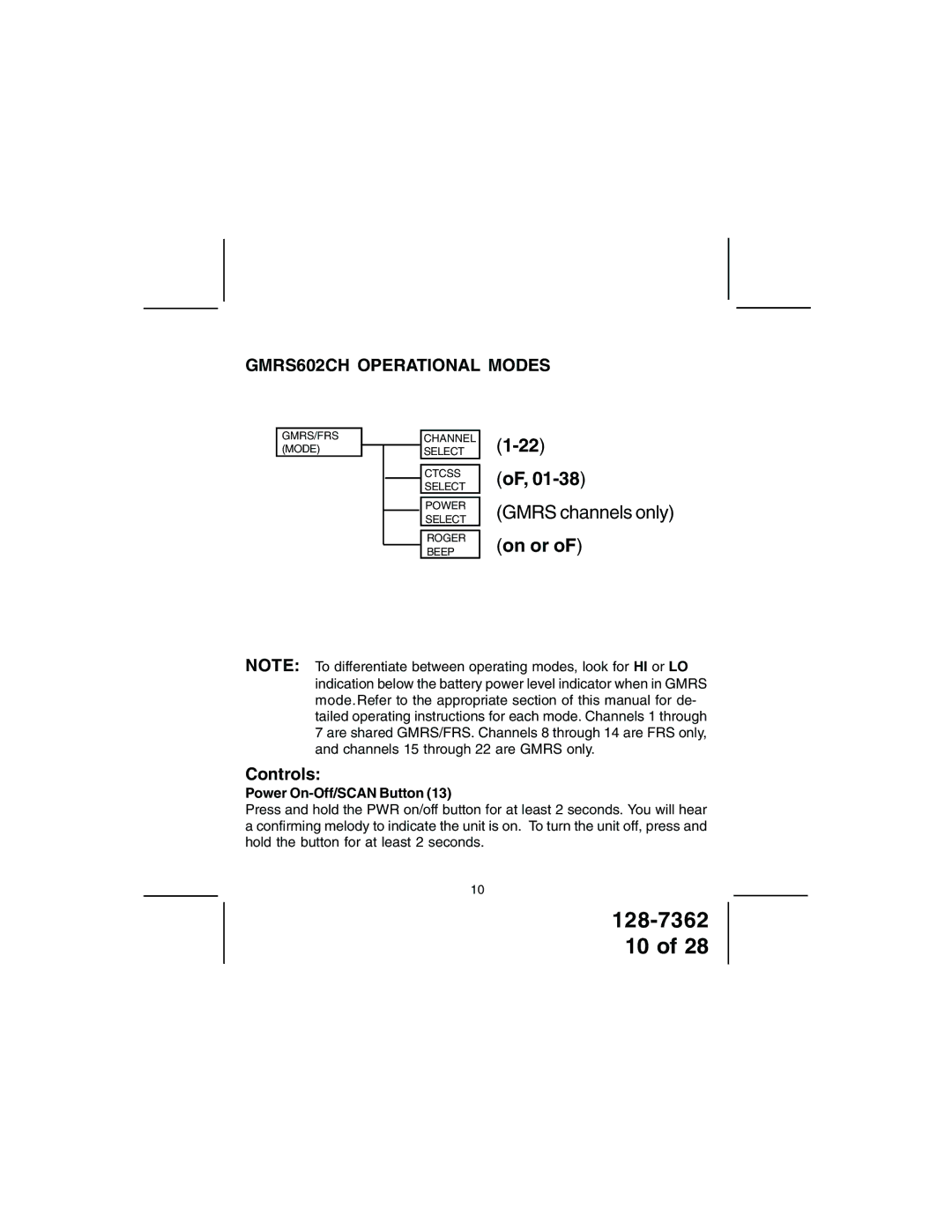 Audiovox GMRS602CH owner manual On or, Power On-Off/SCAN Button 