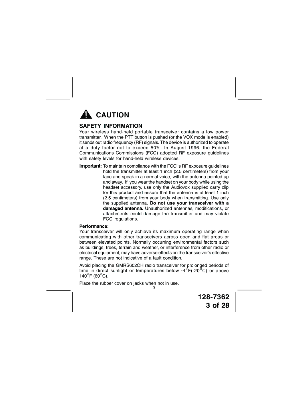 Audiovox GMRS602CH owner manual Safety Information, Performance 