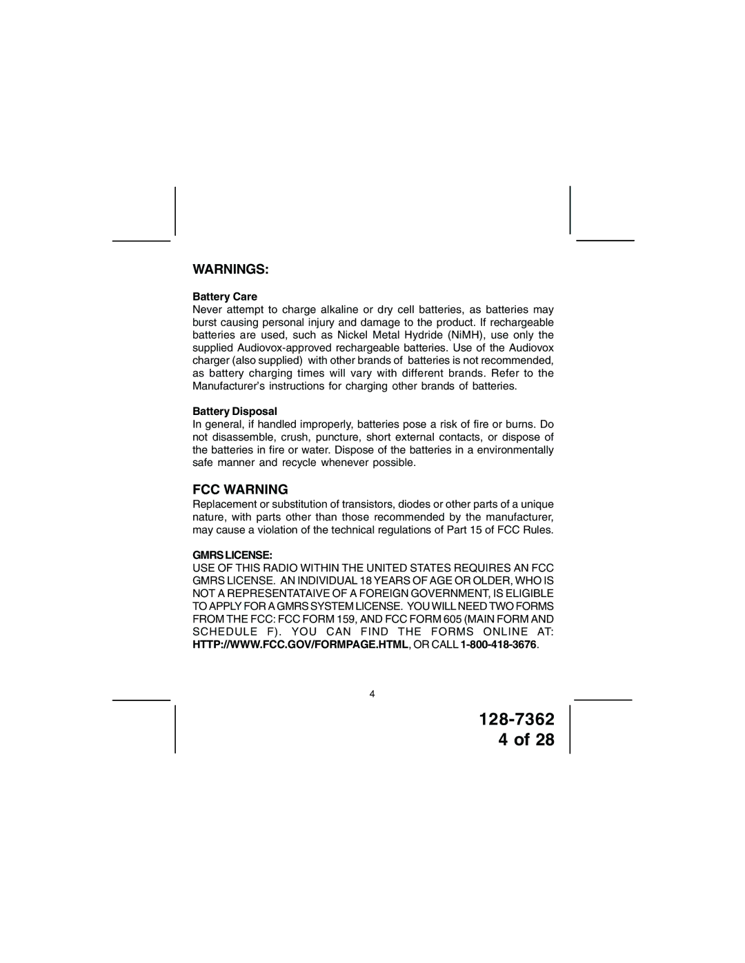 Audiovox GMRS602CH owner manual Battery Care, Battery Disposal 