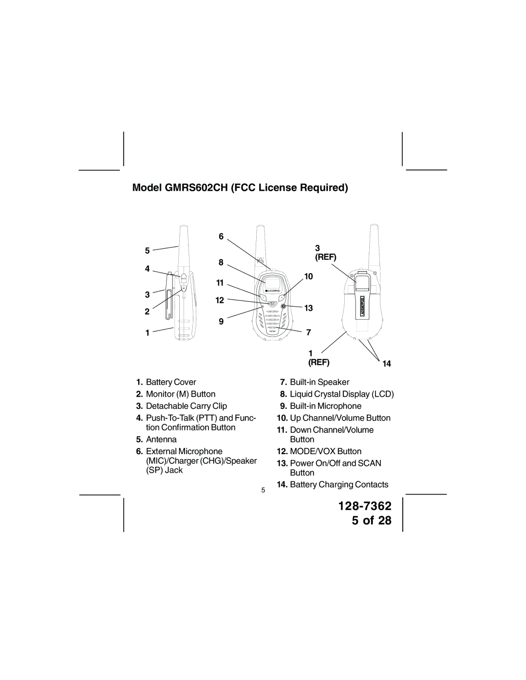 Audiovox owner manual Model GMRS602CH FCC License Required, REF14 