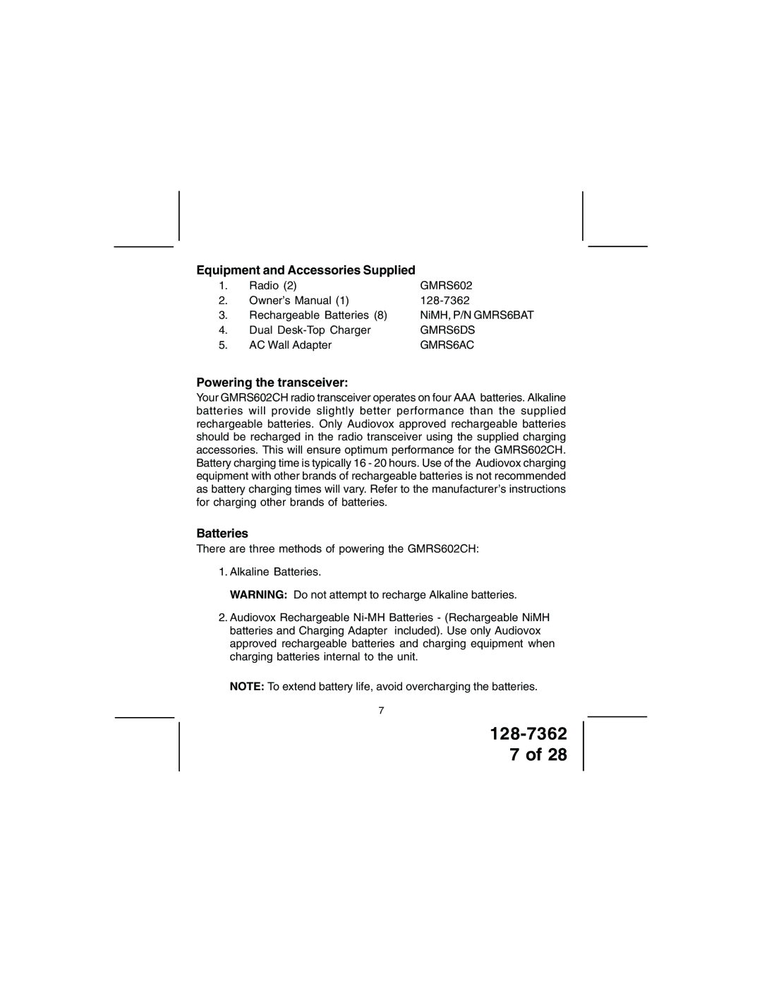 Audiovox GMRS602CH owner manual Equipment and Accessories Supplied, Powering the transceiver, Batteries 