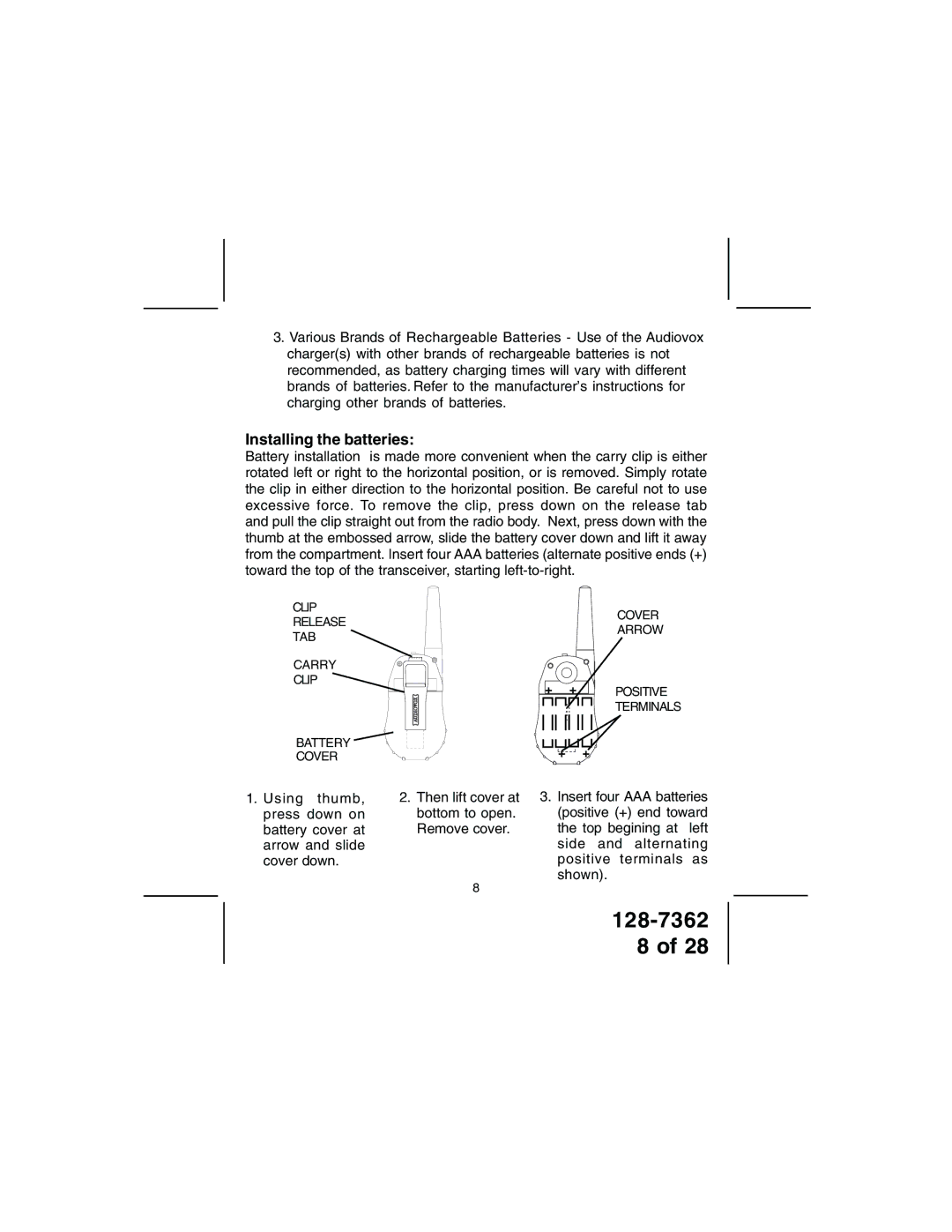 Audiovox GMRS602CH owner manual Installing the batteries 