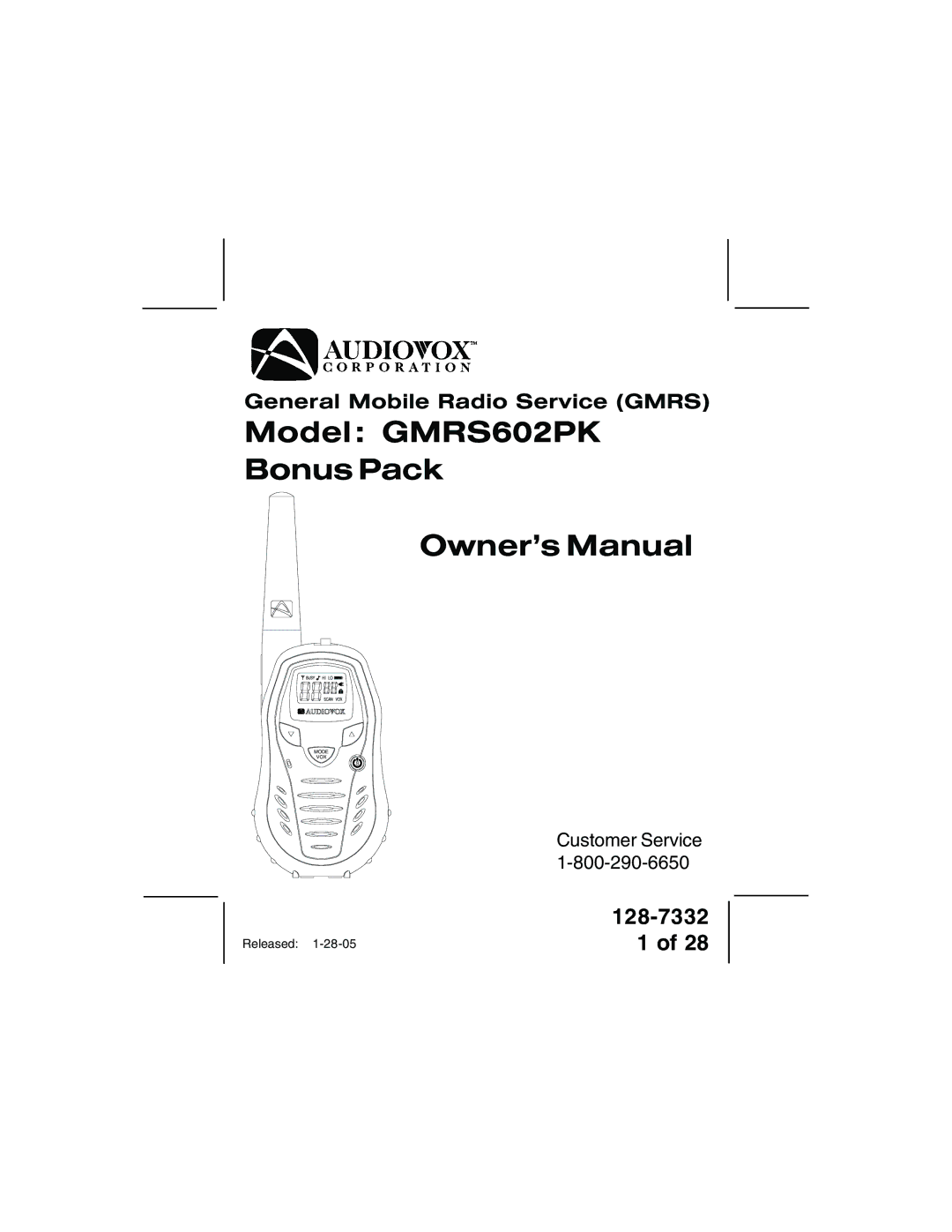 Audiovox owner manual Model GMRS602PK Bonus Pack 