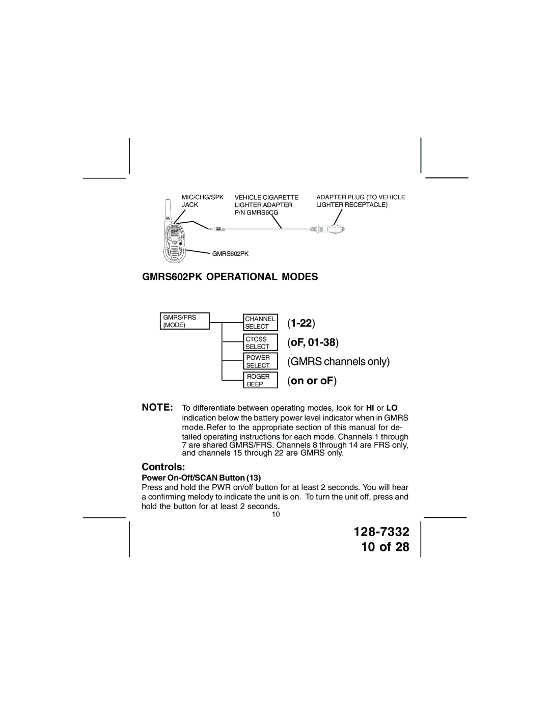 Audiovox GMRS602PK owner manual On or, Power On-Off/SCAN Button 