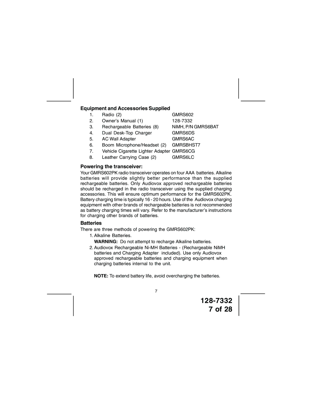 Audiovox GMRS602PK owner manual Equipment and Accessories Supplied, Powering the transceiver, Batteries 