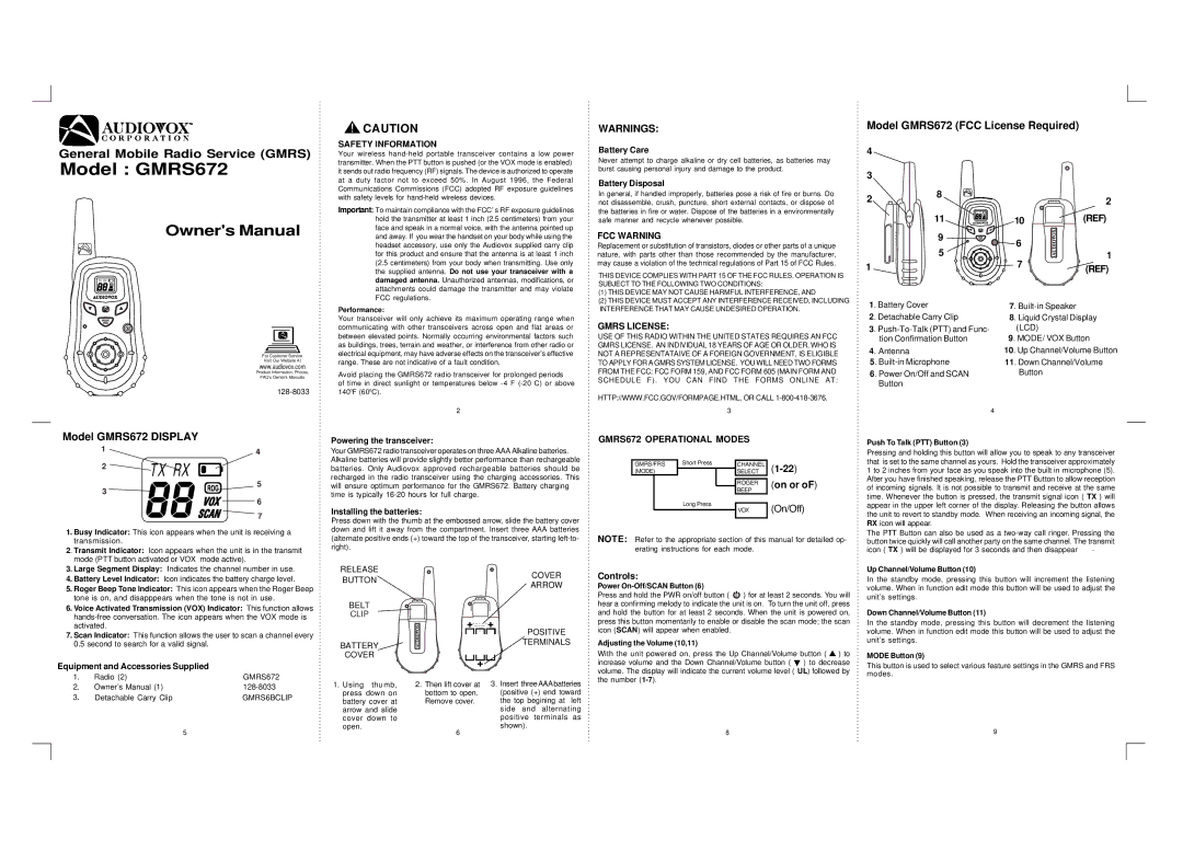 Audiovox GMRS672 owner manual Battery Care, Battery Disposal, Powering the transceiver, Installing the batteries, On or 