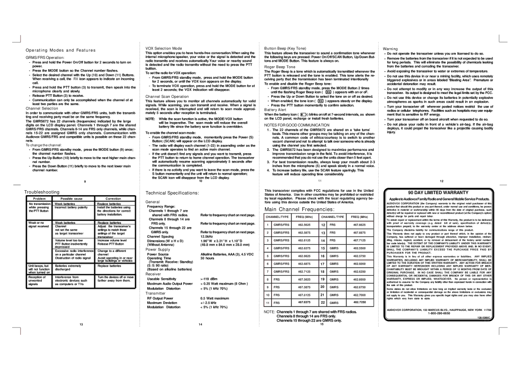 Audiovox GMRS672 GRMS/FRS Operation, Channel Selection, VOX Selection Mode, Channel Scan Operation, General, Power Supply 
