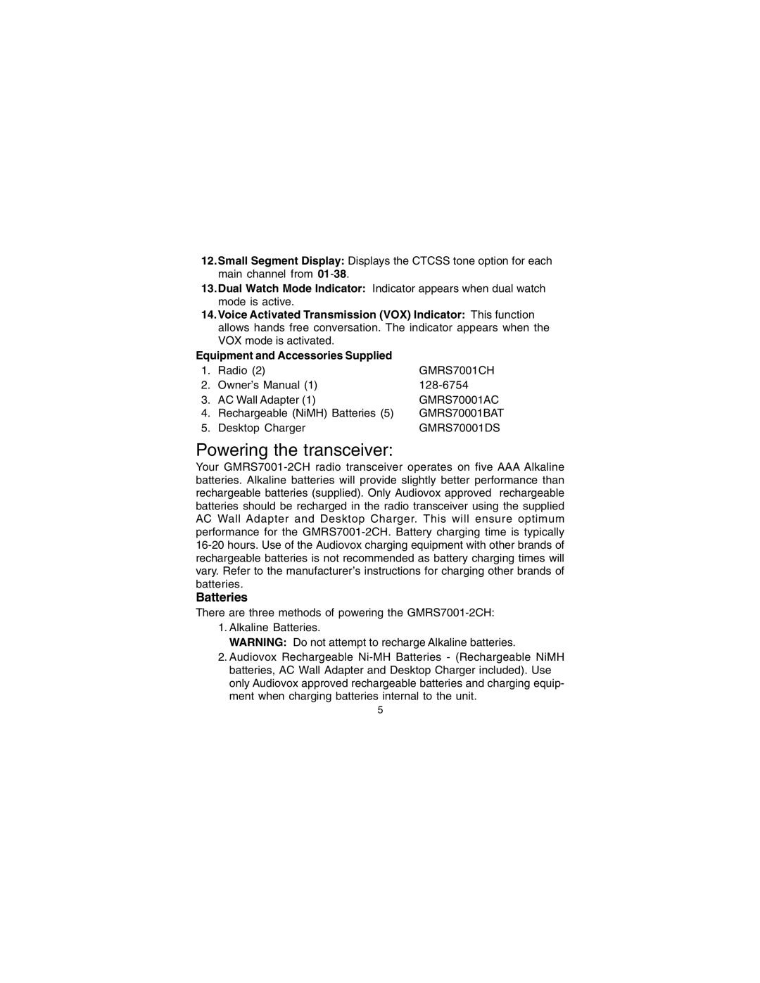 Audiovox GMRS7001-2CH owner manual Powering the transceiver, Batteries 