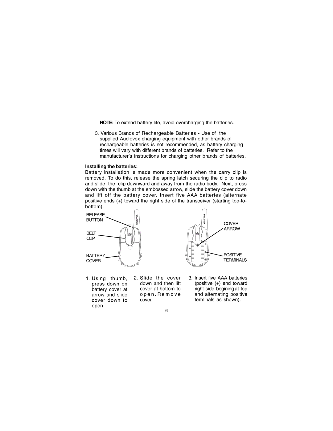 Audiovox GMRS7001-2CH owner manual Installing the batteries 