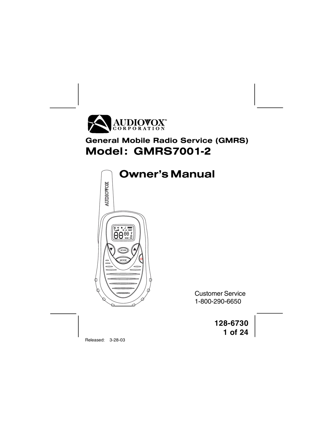 Audiovox GMRS70012 owner manual Model GMRS7001-2 