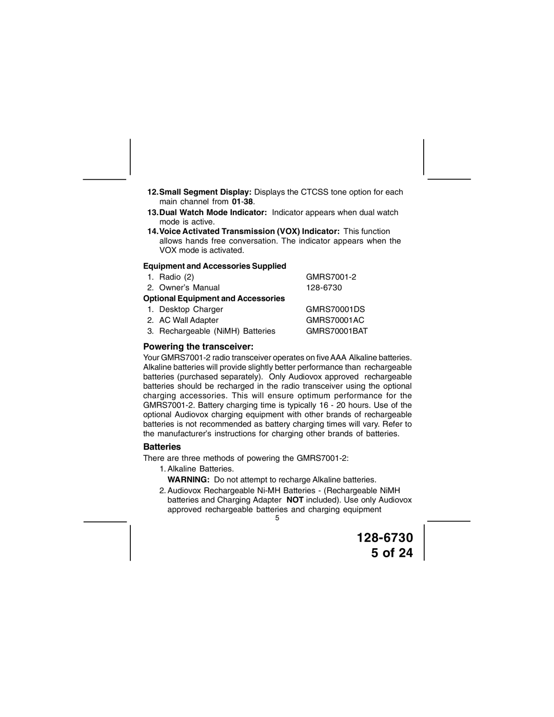 Audiovox GMRS70012 owner manual Powering the transceiver, Batteries, Optional Equipment and Accessories 