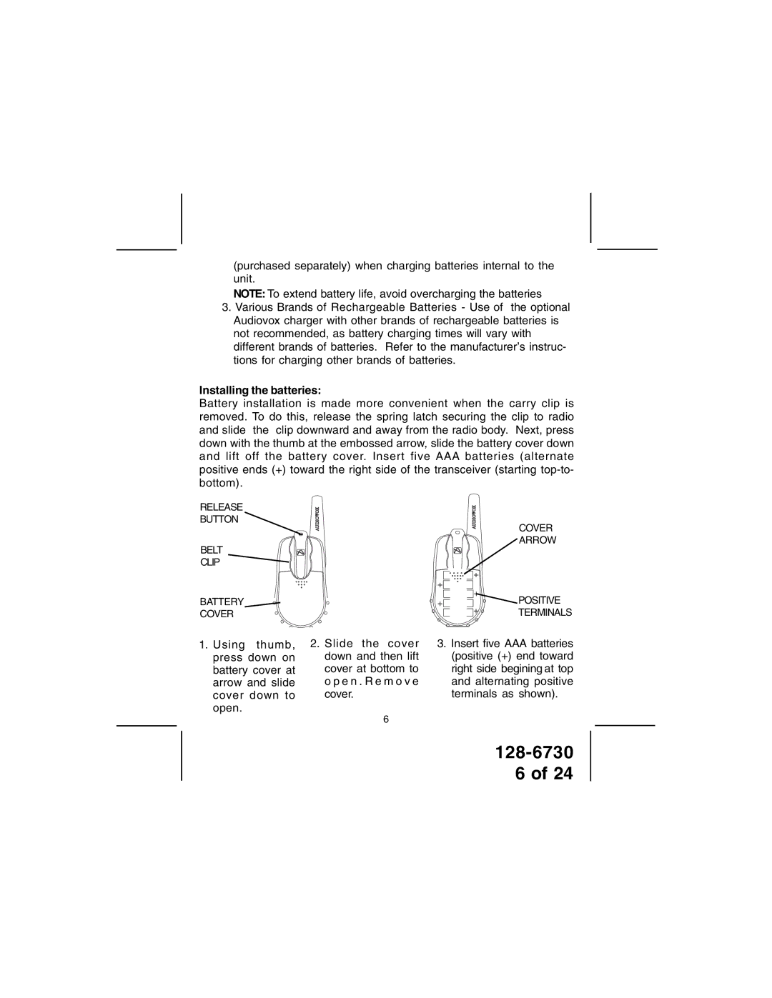 Audiovox GMRS70012 owner manual Installing the batteries 