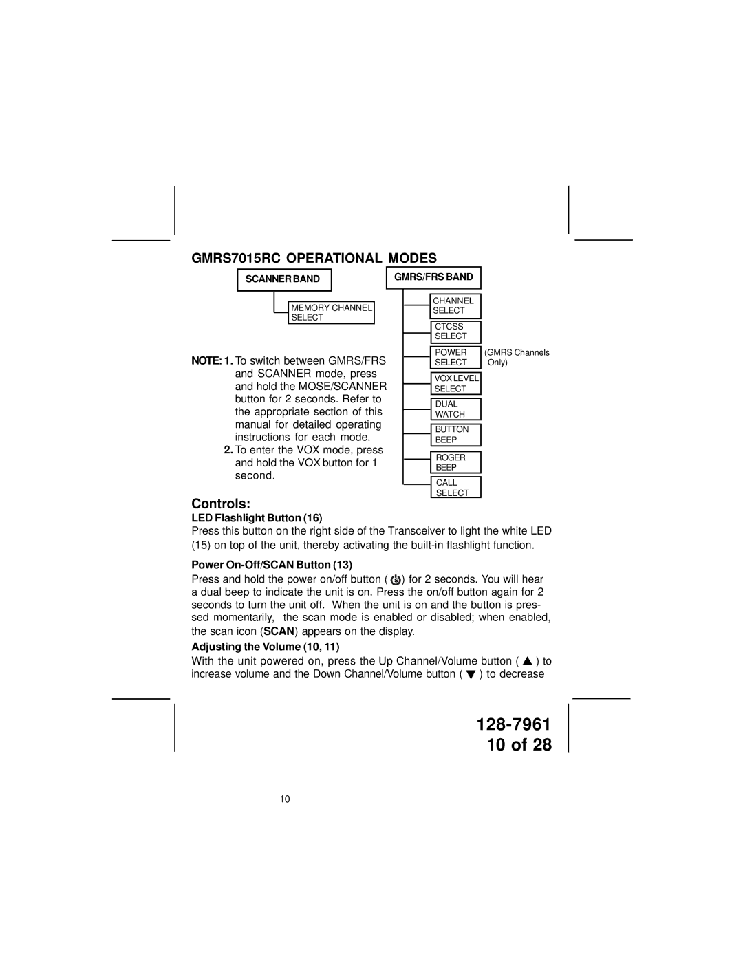 Audiovox GMRS7015RC owner manual LED Flashlight Button, Power On-Off/SCAN Button, Adjusting the Volume 10 