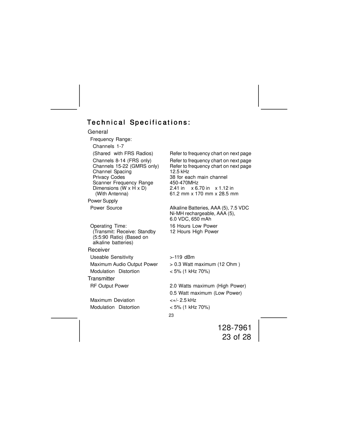 Audiovox GMRS7015RC owner manual General, Receiver, Transmitter, Power Supply 