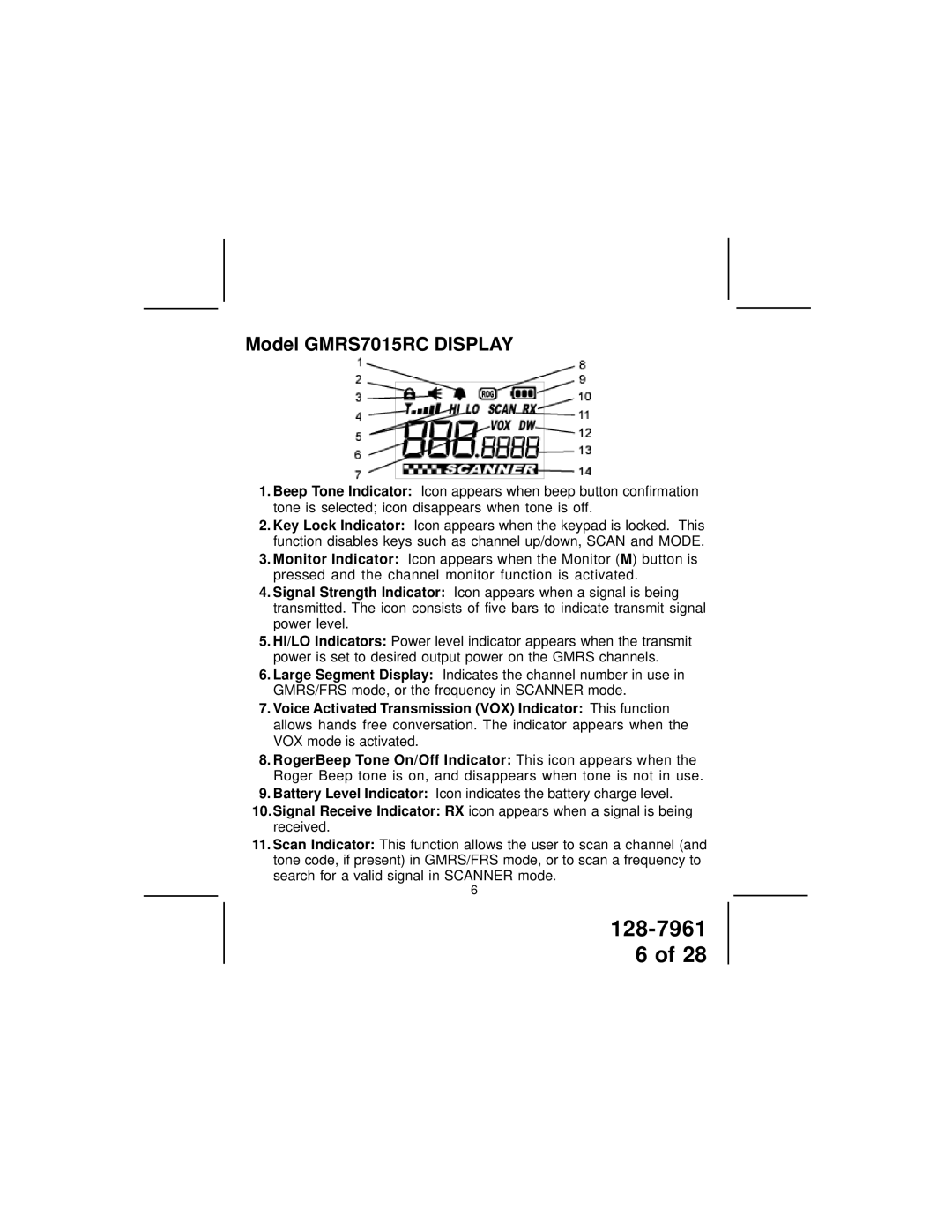 Audiovox owner manual Model GMRS7015RC Display 