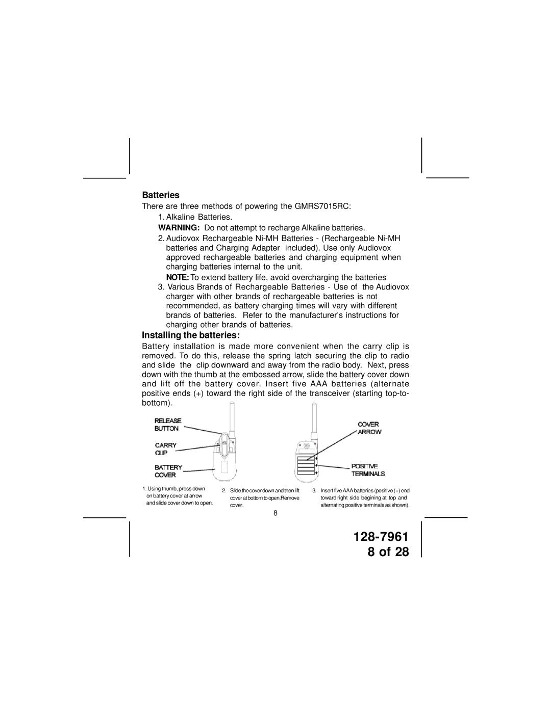 Audiovox GMRS7015RC owner manual Batteries, Installing the batteries 