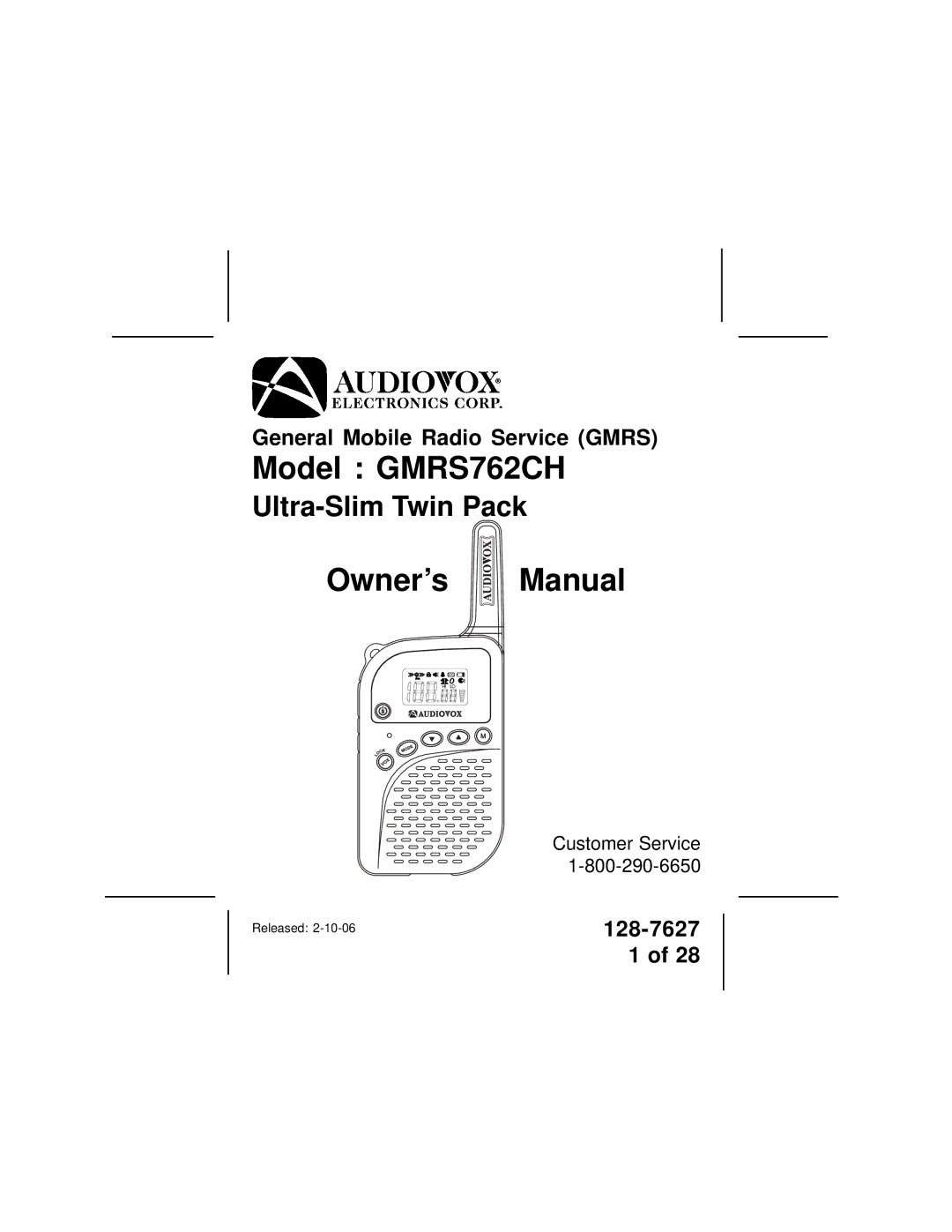 Audiovox owner manual Model GMRS762CH 