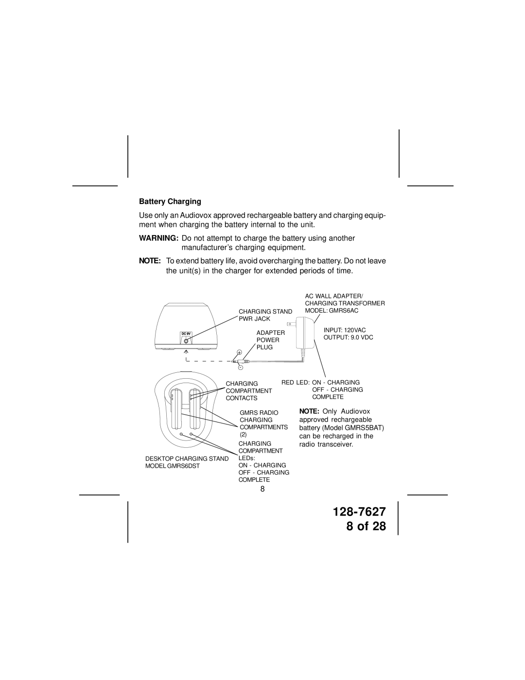 Audiovox GMRS762CH owner manual Battery Charging 