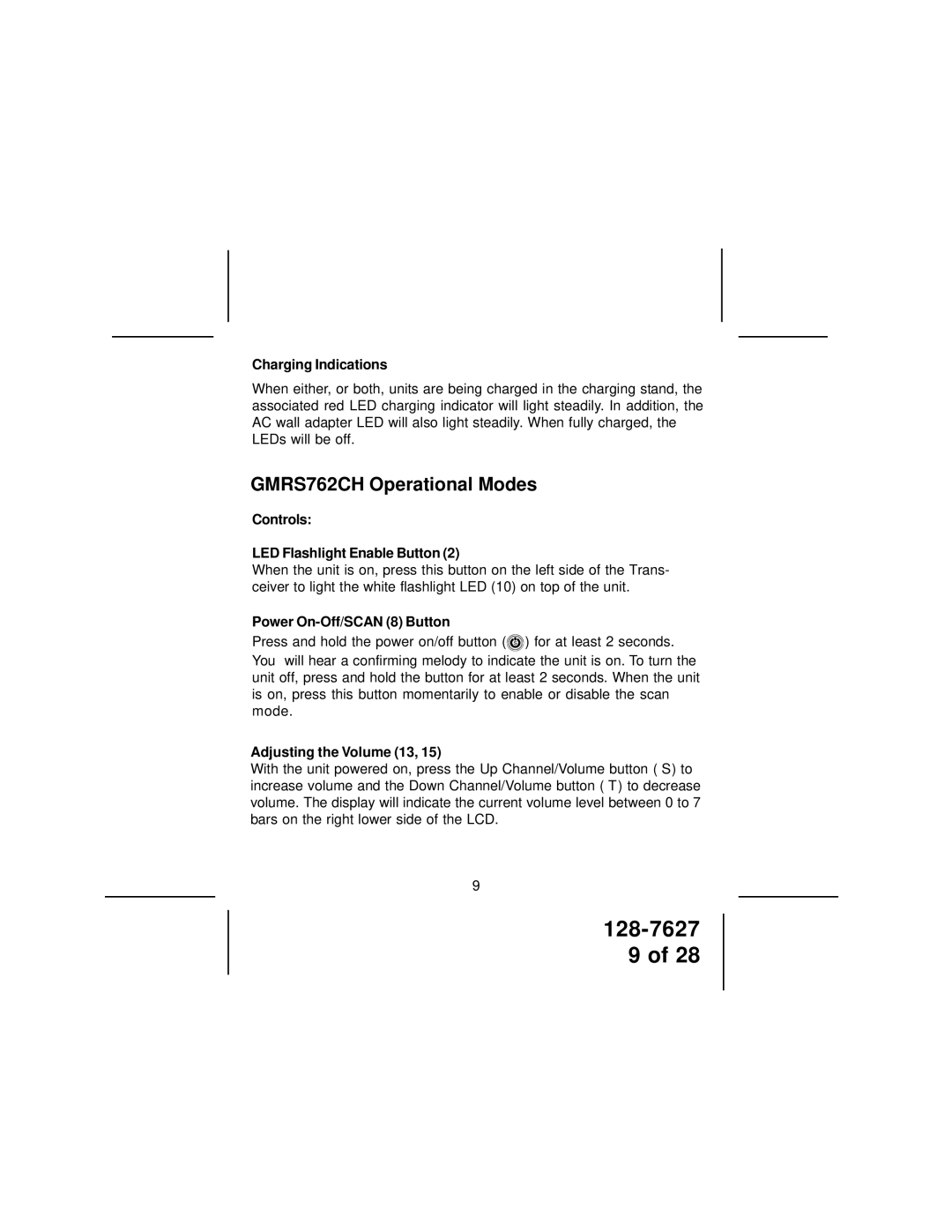 Audiovox owner manual GMRS762CH Operational Modes, Charging Indications, Controls LED Flashlight Enable Button 