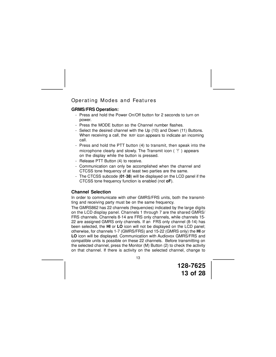 Audiovox GMRS862 owner manual GRMS/FRS Operation, Channel Selection 