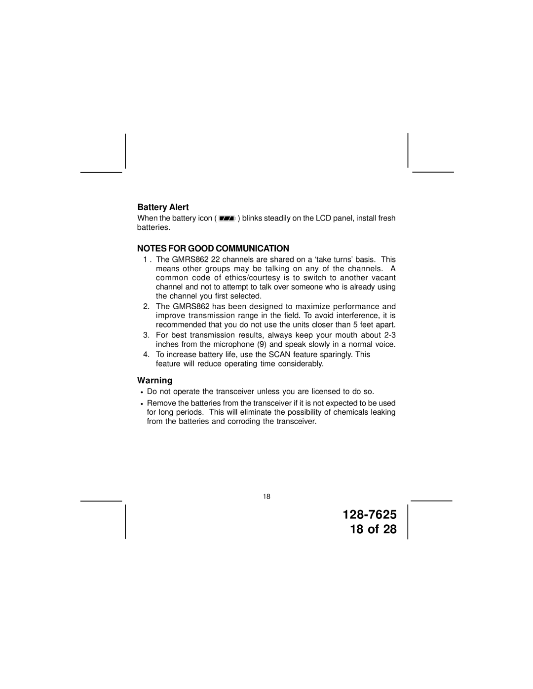 Audiovox GMRS862 owner manual Battery Alert 