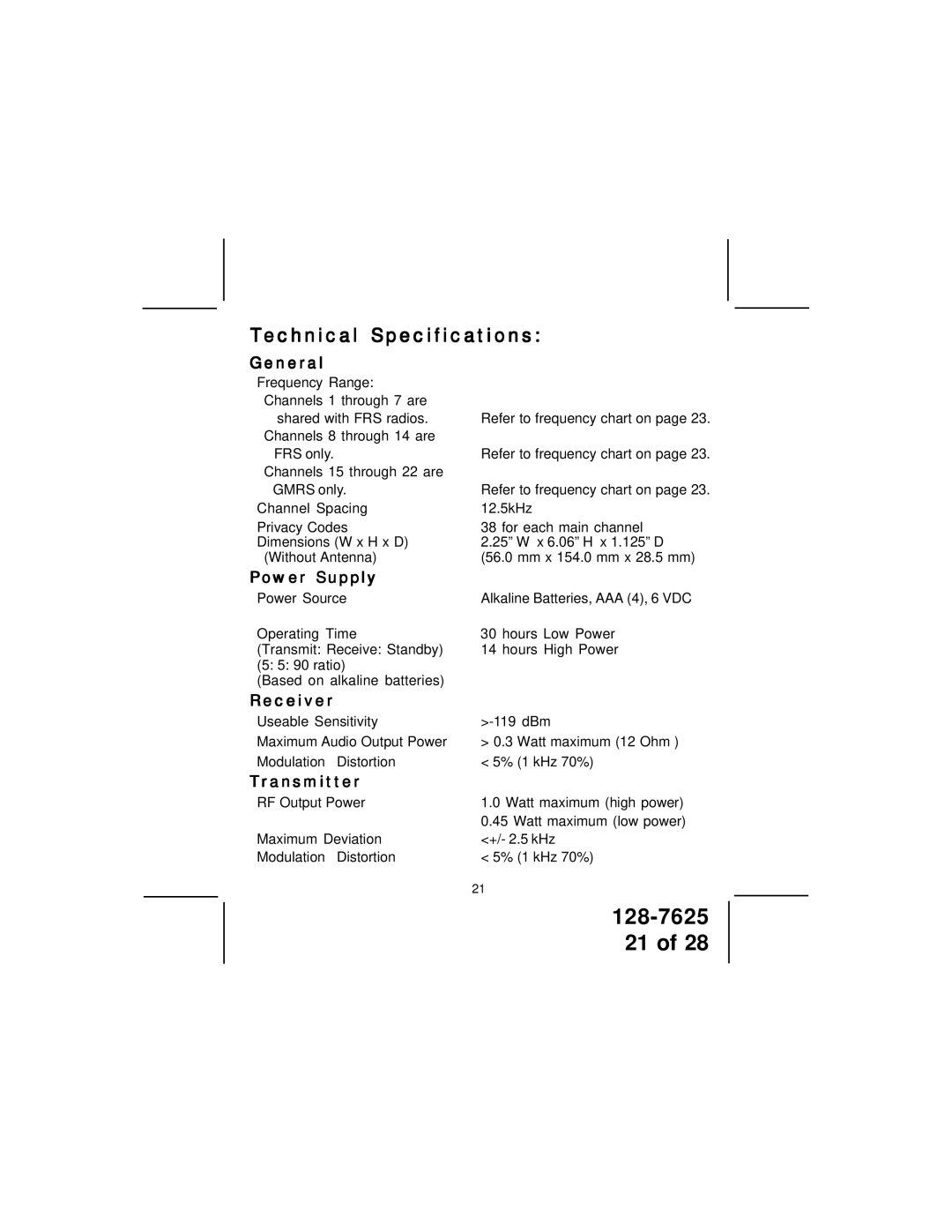 Audiovox GMRS862 owner manual Technical Specifications, General, Power Supply, Receiver, Transmitter 