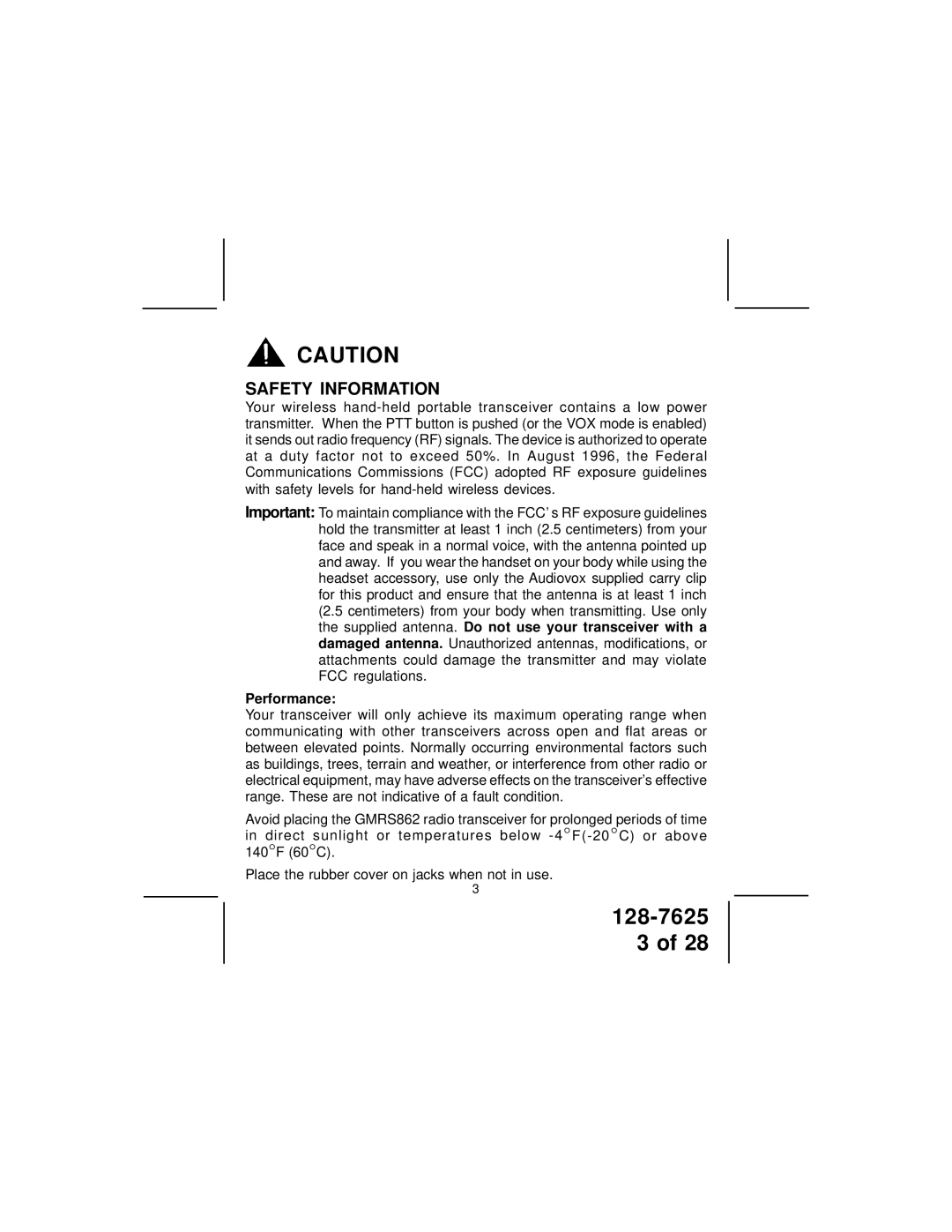 Audiovox GMRS862 owner manual Safety Information, Performance 