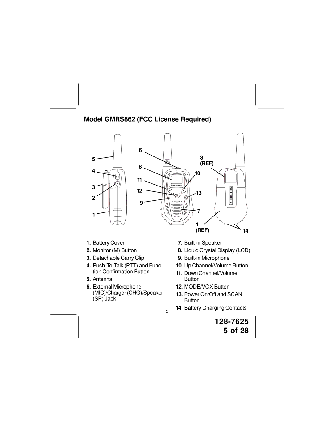 Audiovox owner manual Model GMRS862 FCC License Required, REF14 