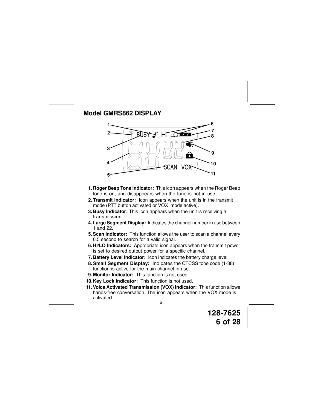 Audiovox owner manual Hi Lo, Model GMRS862 Display 