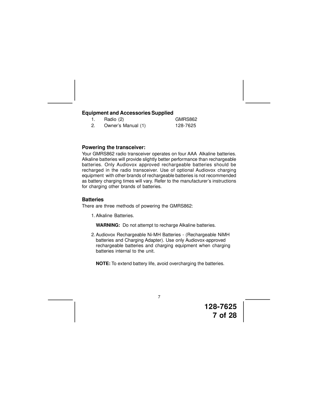 Audiovox GMRS862 owner manual Equipment and Accessories Supplied, Powering the transceiver, Batteries 